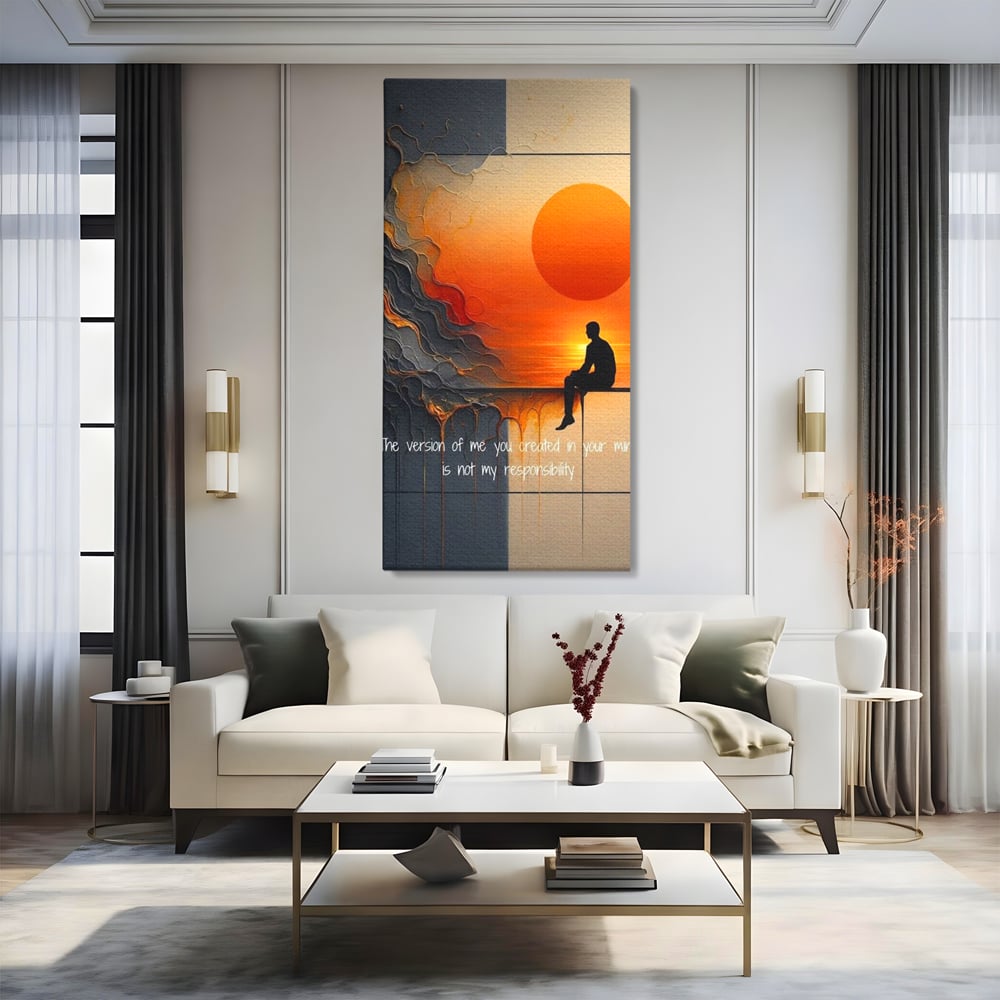 Tablou canvas cu tablou canvas cu silueta pe fundal de apus, fara rama, pe sasiu de lemn, pe perete intr-un living